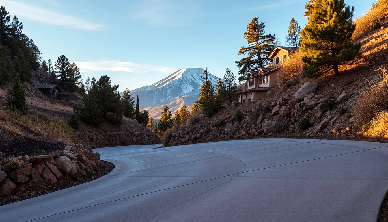 Sloped residential driveway with Pikes Peak summit rising in the background